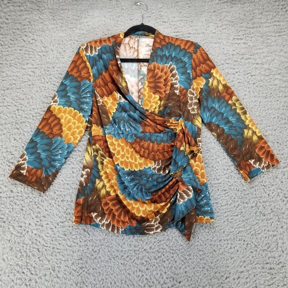Wrangler Top Womens Medium Multicolor Faux Wrap 3/4 Sleeve Stretch Knit Blouse - Picture 1 of 10